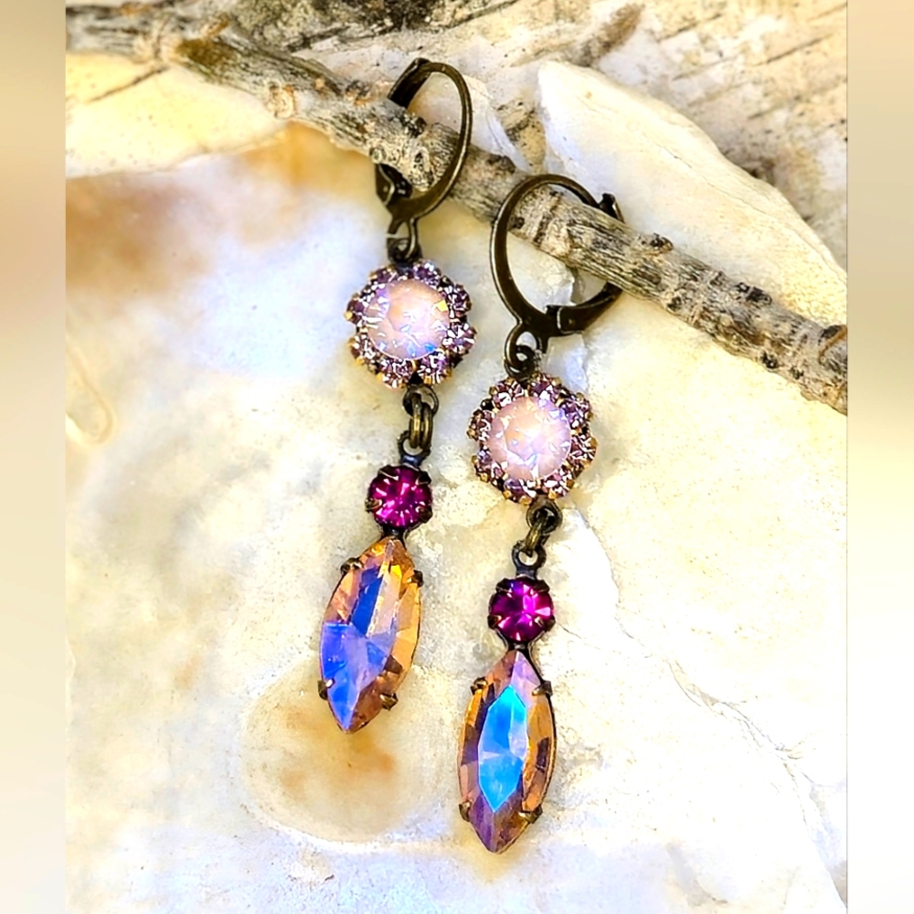 Victorian Pink Opal Rosewater Swarovski Crystal In Long Brass Earrings